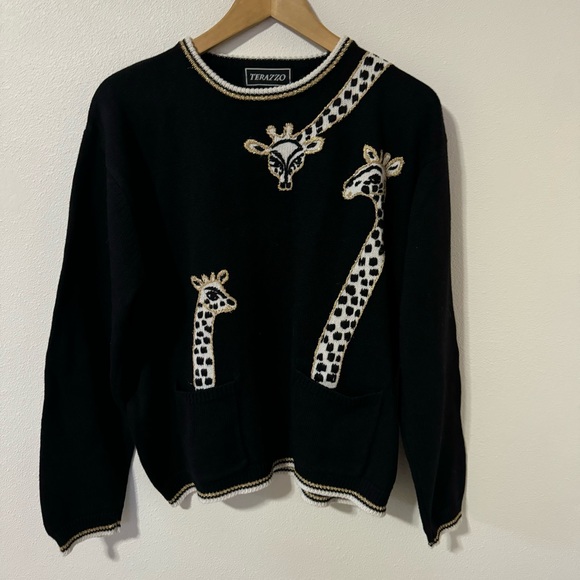 Vintage Terazzo Metallic Wrap Around Giraffe Sweater Black Patch Pockets X-Large - Picture 1 of 9